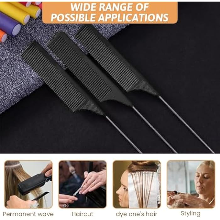 Comb Steel Pin Rat Tail Carbon Fiber Heat Resistant Teasing Combs with Stainless Steel Pintail- MODEL 06700 - Image 3